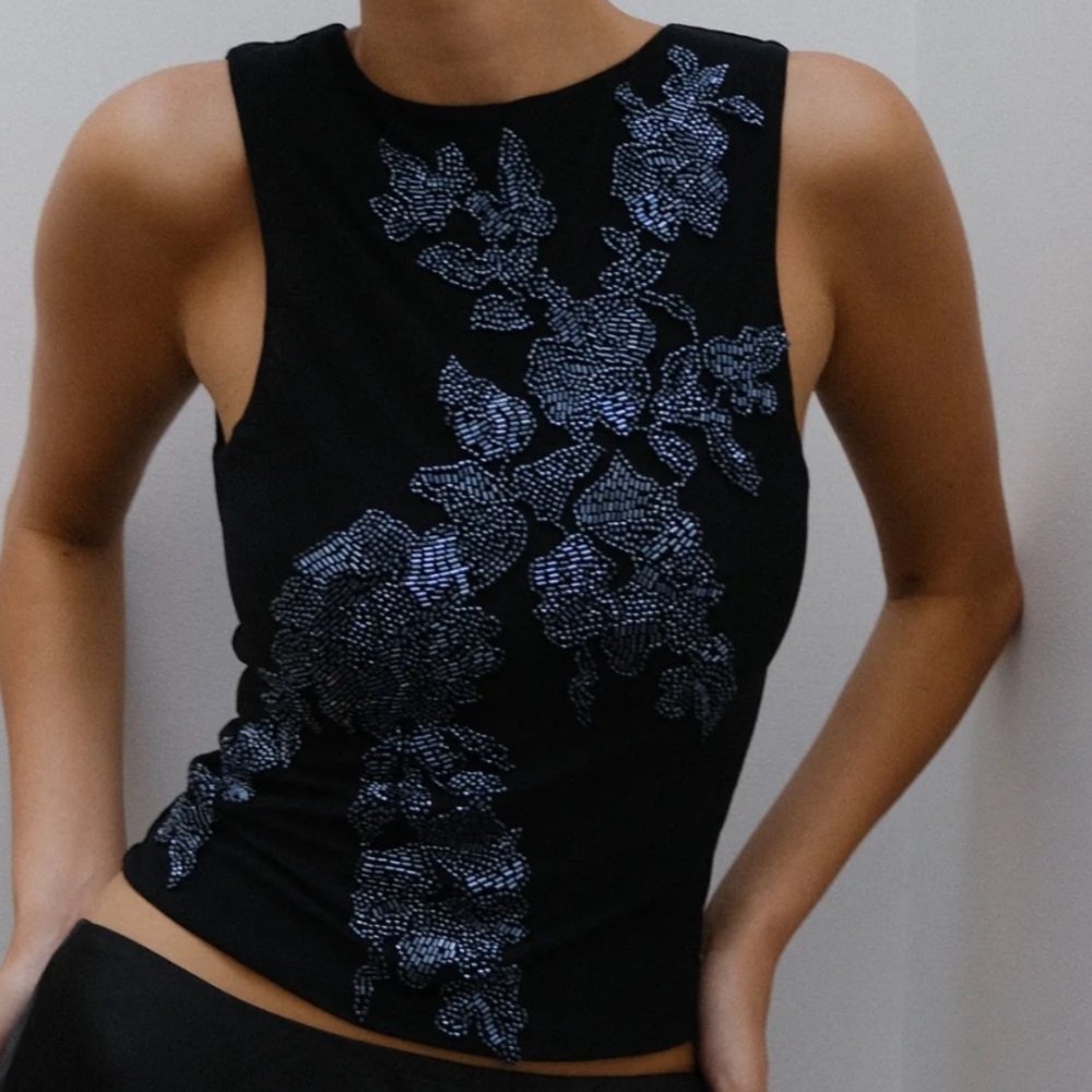 Black beaded flower mesh top